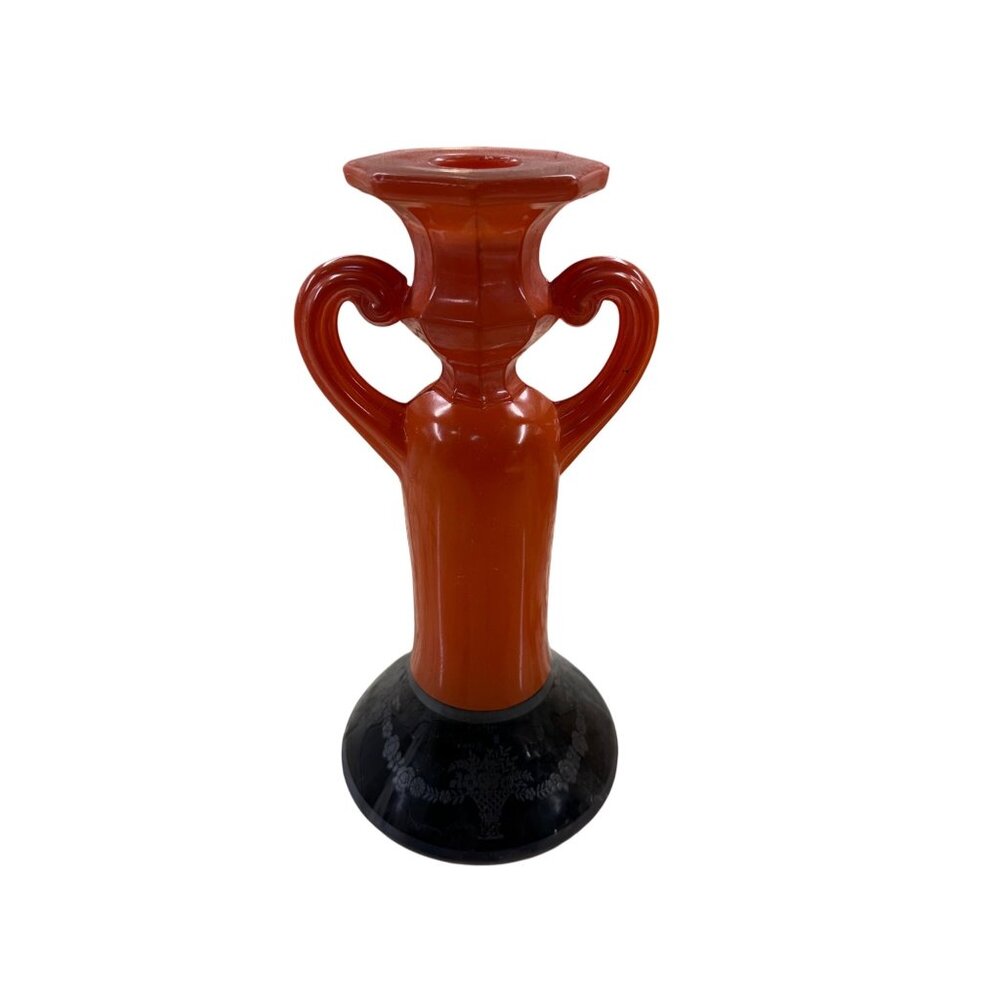 Vtg Czech Art Deco Orange Tango Glass Candleholder Silver Overlay Dual handle